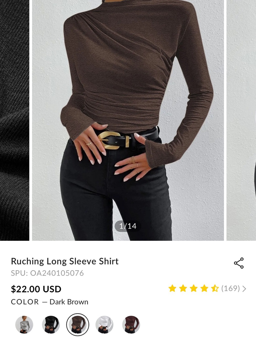 Commense Dark Brown Ruching Long Sleeve Top
